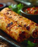 Grilled enchiladas filled with melted cheese and spicy sauce, served on rustic wooden board with marinara dipping sauce and fresh herbs garnish.