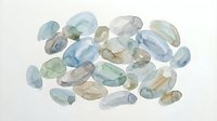 Watercolor painted gemstones in soft blue, green, and neutral tones isolated on white background, suitable for jewelry design, clipart, and decorative applications.