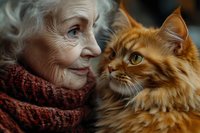 Senior woman with silver hair wearing brown knit scarf gazes lovingly at ginger Maine Coon cat in intimate close-up portrait showing companionship and emotional bond.
