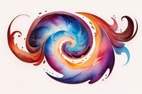 Vibrant spiral swirl in blue, orange and purple tones with flowing decorative elements and cosmic space texture creates dynamic abstract composition on light background.