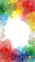 Colorful watercolor frame with Mexican cultural symbols including cactus, sombrero and traditional ornaments on white background for festive design projects.