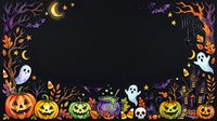 Spooky night frame with jack-o-lanterns, ghosts, haunted house, bare branches, moons and stars on black background. Halloween border design for greeting cards, invitations and seasonal decorations.