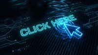 Glowing neon click here text with cursor arrow on dark digital circuit board background, cyber technology concept.