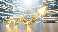 Golden upward arrow made of geometric shapes glowing on reflective surface with illuminated city skyline, representing business growth, financial success, and market expansion.
