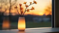 Orange flowers in white ceramic vase on windowsill at sunset, creating silhouette against warm golden sky background. Peaceful home interior scene.