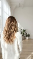 Young woman with long wavy blonde hair wearing white knit sweater standing in bright modern home interior with natural sunlight and plants.