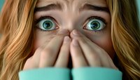 Expressive turquoise eyes of a young woman with blonde hair covering her mouth with hands in shock or fear, wearing mint green sweater. Close-up emotional portrait.