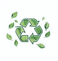 Green recycling symbol surrounded by floating leaves on white background, eco-friendly concept for environmental sustainability and nature conservation.
