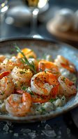 Succulent grilled shrimp with herbs and spices in creamy sauce, served on rustic ceramic plate. Close-up macro food photography with soft bokeh background.
