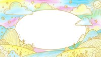 Whimsical pastel landscape frame with rolling hills, fluffy clouds, rainbow sky and smiling sun creating dreamy border for text or design elements.