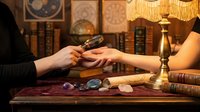 Fortune teller reading palm with magnifying glass in mystical room with crystals, books and vintage lamp for spiritual guidance and divination services.