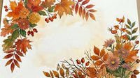 Watercolor autumn wreath with orange and red leaves, chrysanthemums, rowan berries, and rose hips forming an oval frame with copy space.