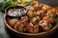 Grilled Asian chicken meatballs glazed with sweet and spicy sauce, garnished with green onions and sesame seeds, served in wooden bowl with dipping sauce.