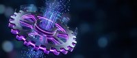 Futuristic digital gear mechanism with glowing purple neon lights and data streams on dark blue technology background for modern business concepts.