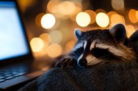 Curious raccoon resting on laptop keyboard in dark room with warm bokeh lights background, creating cozy night atmosphere for social media and blog content.
