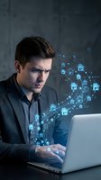 Young Caucasian businessman working on laptop with digital real estate icons and network connections floating around him in modern office setting.