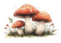 Red spotted mushrooms growing in grass with delicate botanical elements, watercolor style illustration on white background, suitable for children's book art.
