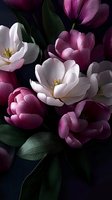Dramatic composition of white and purple tulips with dark green leaves against black background, creating moody floral arrangement with soft lighting effects.