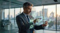 Middle-aged Caucasian businessman in suit using holographic interface with green sustainability icons in modern office with city skyline view.