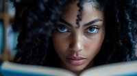 Young African American woman with curly hair reading book with intense blue eyes and focused expression for education and learning concepts.