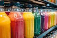 Colorful beverage bottles lined up on retail shelf display featuring orange, red, yellow, green, and pink drinks in plastic containers with black caps for supermarket, grocery store, or beverage marketing.