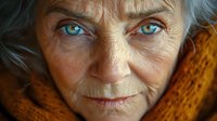 Close up portrait of senior Caucasian woman with striking blue eyes, silver hair, and gentle smile showing natural aging with wrinkles and wisdom. Warm lighting creates depth.
