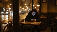 Young woman with curly dark hair and fair complexion sitting at outdoor café table at night, focused on smartphone, rainy urban street with bokeh lights and wet windows in background.