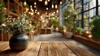 Ceramic vase with white flowers on wooden table in cozy restaurant interior with warm lighting and plants creating inviting dining atmosphere.