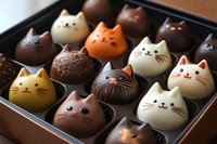 Adorable cat-shaped chocolate bonbons in assorted flavors and colors arranged in gift box, featuring detailed whiskers and facial expressions. Perfect for confectionery display.