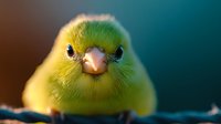Small green and yellow budgerigar parakeet bird with orange beak looking directly at camera against blurred teal background for pet and wildlife themes.