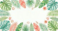 Tropical leaves frame with monstera, palm fronds and hibiscus flowers on white background. Summer botanical border for invitations and greeting cards.
