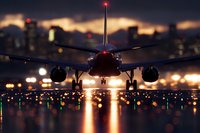 Commercial passenger aircraft landing at dusk with dramatic lighting, runway lights reflecting on wet tarmac against urban skyline backdrop and glowing sunset.