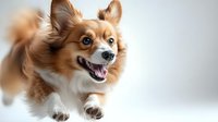 Happy Pomeranian dog running and jumping with playful expression against light background, showing fluffy fur and bright smile. Perfect for pet care advertising.