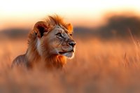 Male lion portrait in golden morning light with blurred savanna grass background, majestic profile view showing distinctive mane illuminated at sunrise.