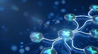 Digital network nodes with glowing connections on blue background representing data flow, connectivity and modern technology infrastructure for business.