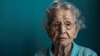 Close up portrait of elderly Caucasian woman with gray hair and round glasses against turquoise background showing wisdom and life experience in her expressive face.