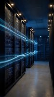 Modern data center server room with illuminated server racks and glowing blue digital data streams flowing through the facility, representing cloud computing, network infrastructure, and cybersecurity technology.