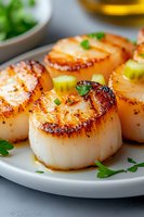 Pan-seared sea scallops with caramelized golden crust, garnished with fresh herbs and celery, served on white plate. Close up view of gourmet seafood dish.