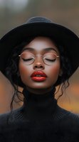 Young African American woman in black turtleneck and hat, wearing round glasses with closed eyes and red lipstick, showing serene expression against blurred background.