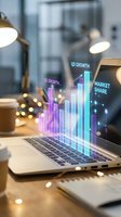 Laptop displaying holographic business analytics charts with growth and market share data in modern office environment for financial presentations.