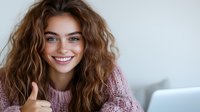 Young woman with long wavy brown hair wearing pink knit sweater shows thumbs up while smiling at camera, expressing positivity and confidence in home office setting.