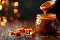 Golden honey dripping from wooden spoon into glass jar with caramel candies scattered on rustic surface against warm bokeh background for culinary designs.