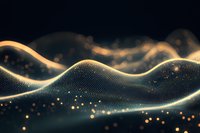 Abstract golden wave of particles flowing on dark background with glowing light effects and bokeh elements creating dynamic digital art pattern.