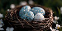 Speckled blue and white quail eggs in natural twig nest surrounded by small white spring flowers, artistic macro photography with soft bokeh background.