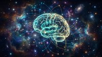 Digital brain with neural network connections floating in cosmic space with stars and nebula background for technology and science concepts.