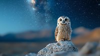 Majestic owl perched on rock against starry night sky and mountains, nocturnal wildlife in natural habitat under moonlight and glowing stars.