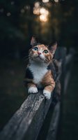 Tabby and white kitten with striking blue eyes perched on wooden rail, gazing upward in forest setting with golden bokeh light filtering through trees.