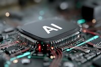 Modern AI processor chip on circuit board with glowing elements, showcasing advanced computing technology for machine learning and artificial intelligence applications.