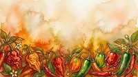 Watercolor border featuring vibrant red, orange, and green peppers with leaves and flowers on warm, blended background. Suitable for recipe cards, menus, cooking blogs, and culinary designs.