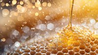 Fresh honey dripping onto honeycomb with golden bokeh background, macro close-up showing natural crystalline structure and flowing liquid sweetness in warm light.